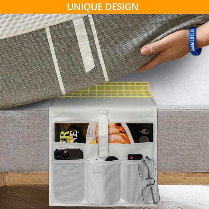 WOMACO Bedside Storage Caddy, Bed Side Pocket Organzier Remote Control Holder for Phones, Magazines, Tablets, Accessories - Medium, Gray