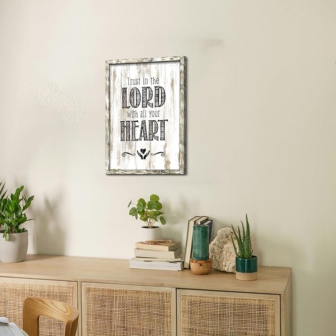Bible Verses Wooden Wall Decor: Christian Sign Framed Art Picture Farmhouse Religious Scripture Quote Artwork Proverbs Trust in Lord Print for Home Bedroom Dining Room Decorations