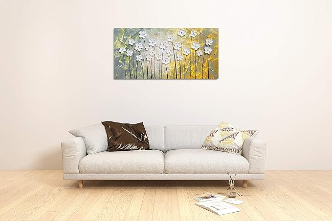 SYGALLERIER White Flower Canvas Wall Art Hand Painted Heavy Textured Paintings Yellow and White Pictures Contemporary Artwork for Living Room Bedroom Dinning Decor