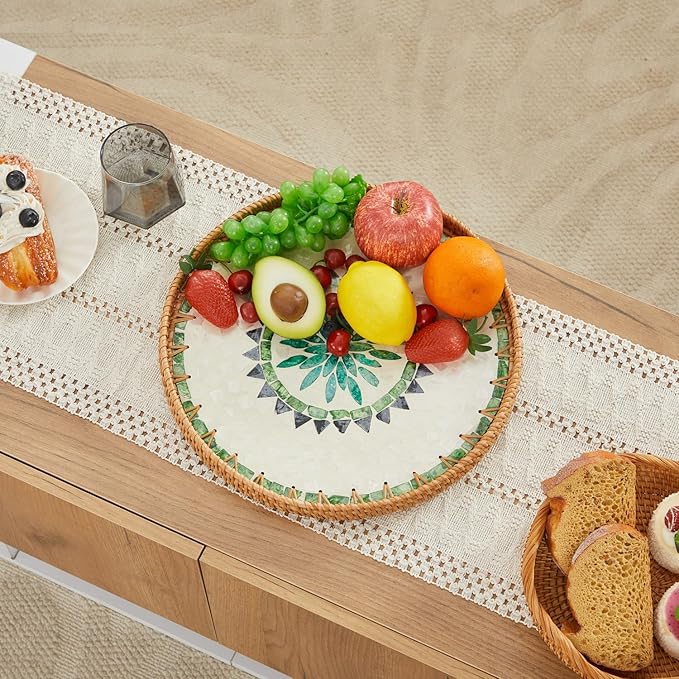 Shellac Rattan Tray with Mother of Pearl Inlay, Round Decorative Serving Tray for Home Décor Coffee Table Storage and Display Ottoman Tray, 100% Natural Materials - Mix Color 13.5"