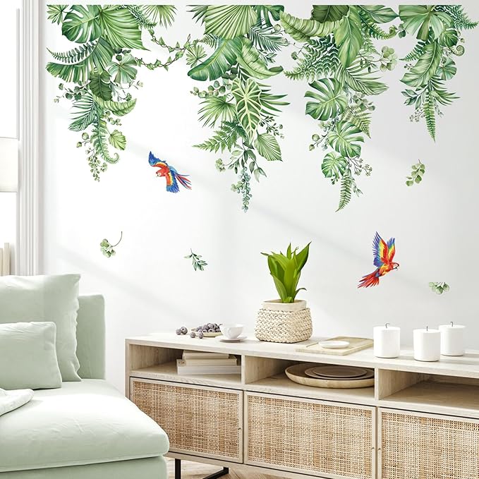 decalmile Hanging Tropical Leaves Wall Decals Green Plants Palm Leaf Vines Parrots Wall Stickers Living Room Bedroom TV Background Wall Decor