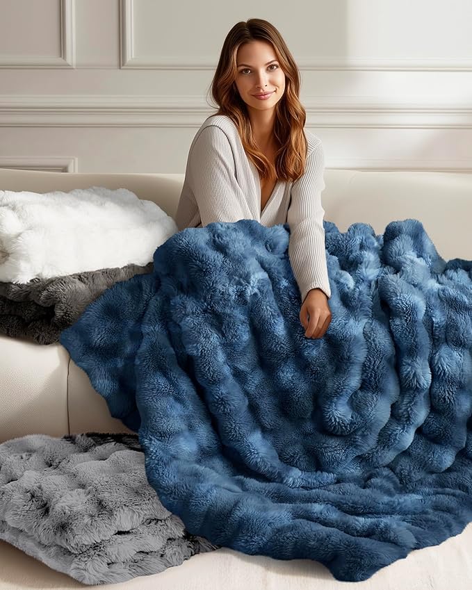 Ultra Soft Cozy Faux Fur Throw Blanket, Fuzzy Plush Thick Bubble Blanket, Oversize Luxury Fluffy Blanket for Couch, Sofa, Bedroom, and Living Room,50x60 Inches,Blue