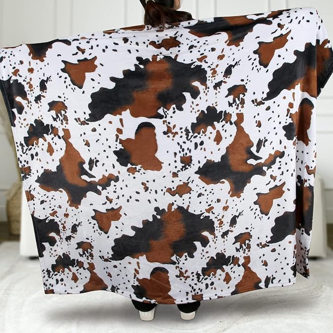 MACEVIA Flannel Fleece Throw Blanket for Couch, Cow Print Blanket for Adult, Fuzzy Cozy Comfy Super Soft Fluffy Plush Cowhide Blanket for Bed Sofa 260GSM, Suitable for All Seasons (Cow-01,50x60inches)