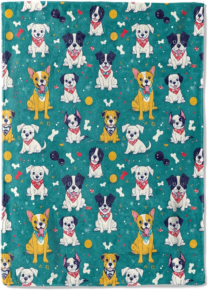 Cute Dog Fleece Blanket - 60x80in Cartoon Puppy Bone and Paw Print Throw Blankets,Soft Cozy Lightweight, Ideal for Living Room Home Fun Decor and Kids Boys Girls Spring Pet Gifts