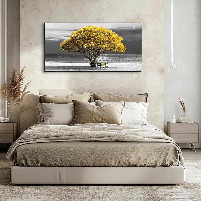 wall art for living room Decorations Photo Prints - panoramic black and white with yellow trees The moon scenery - Modern Home Decor The room Stretched and Framed Ready to Hang artwork 20X40inches