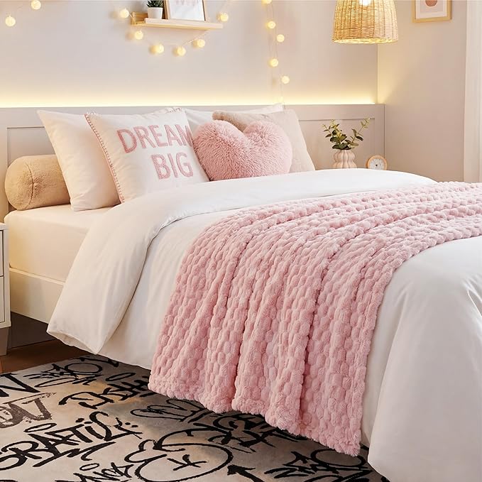 Bedsure Large Throw Blanket for Couch - 350GSM Fluffy Plush Bubble Blanket for Bed Home Room Decor, GentleSoft Cute Fleece Soft Cozy Gifts for Women Girls, Pink, 50x70 Inches