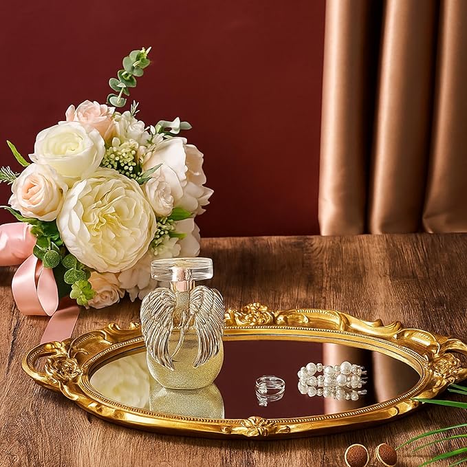 4 Pcs Vintage Gold Mirrors Set Including Small Oval Wall Mirror Antique Shield Shape Square Decorative Mirror Dresser Mirrored Tray for Bedroom Wedding Victorian Decor (Classic,Gold)