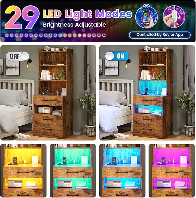 AOGLLATI Tall Nightstand with Charging Station and LED Lights, Night Stand with 3 Drawers, Rustic Brown Bedside Table with Bookshelf, Modern End Side Table for Bedroom