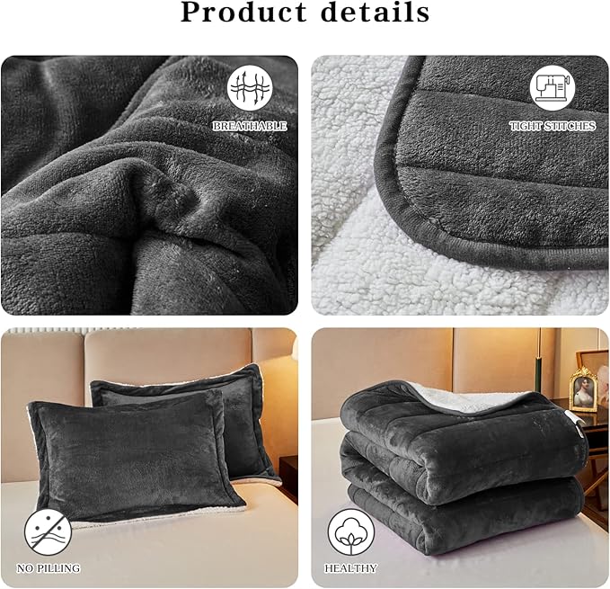 3-Layer Luxury Flannel Fleece Thick Bed Blanket Twin Size, Soft Plush Velvet Sherpa Blanket with 2 Pillow Shams Heavy Warm for Winter, Breathable n Washable, Dark Gray