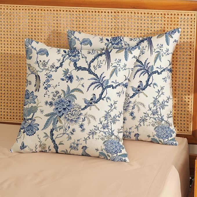 Chinoiserie Floral Bird Pillow Covers 18x18 Set of 2 Spring Chinoiserie Flowers Decorative Pillowcase Outdoor Blue and Cream Throw Pillows Farmhouse Linen Cushion Case for Couch Home Decor