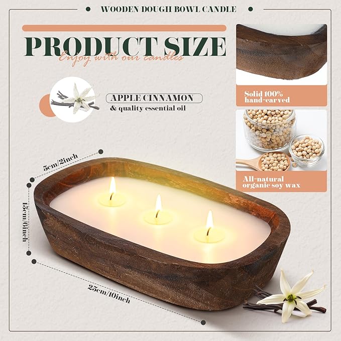 Threlaco 1 Pack 10 Inch Wood Dough Bowl Candles Home Rustic Dough Bowl Soy Candle 3 Wick Scented Candles Gifts for Men Women Farmhouse Table Centerpiece Home Decor for Christmas(Vanilla)