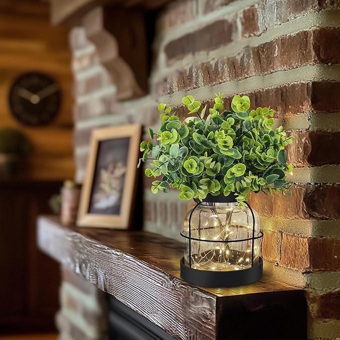 Farmhouse Rustic Glass Vases Primitive Country Lantern Coffee Dining Table Centerpiece Green Fake Artificial Eucalyptus Plants with Light Home Decor for Shelf Desk Counter Kitchen Bathroom, Black