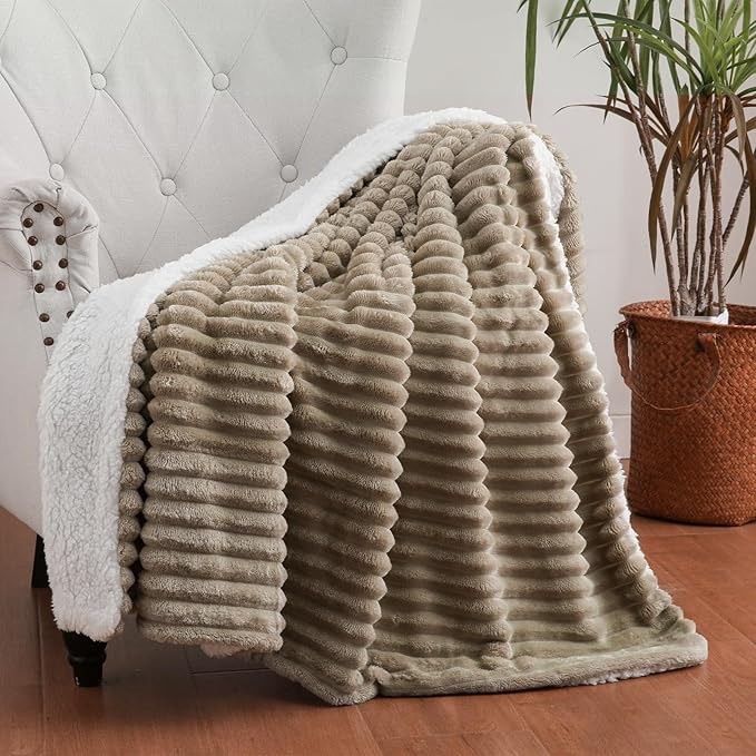 Tan Sherpa Fleece Throw Blanket 50”×60” for Couch Sofa Bed,Super Soft Cozy Plush Double Side Thick Flannel Blanket with Striped Design Lightweight for Adults,Woman,Girls
