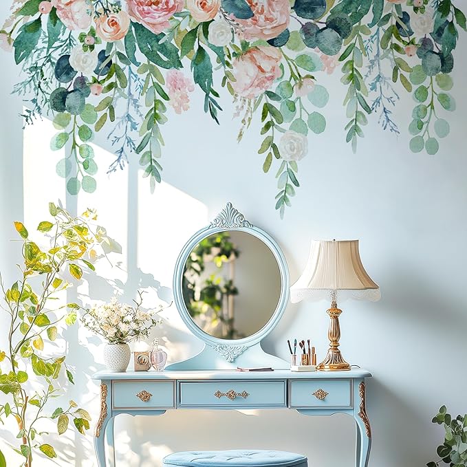 Watercolor Flowers Leaves Wall Decals Peel and Stick, Large Floral Flowers Wall Stickers, Removable Vine Home Decor Art for Bedroom Living Room Classroom Office
