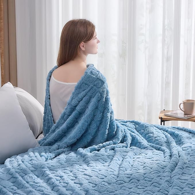 NEWCOSPLAY Super Soft Twin Blanket Blue Premium Silky Flannel Fleece 3D Heart Checkered Lightweight Bed Blanket All Season Use (Blue Heart, Twin(60"x80"))
