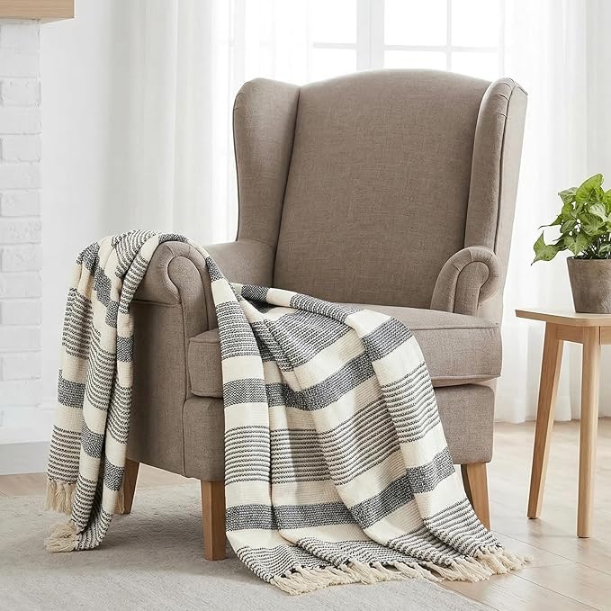 Americanflat 50x60 Throw Blanket - Soft and Breathable Cotton Throw Blanket for Couch, Bed, Chair - Decorative Blankets Perfect for Home, Office, or Outdoor Use - Black and White Stripe Design