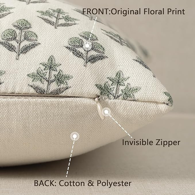 YCOLL Farmhouse Floral Print Throw Pillow Covers 20x20 Set of 2, Rustic Decorative Cushion Covers for Sofa Couch Bed Living Room, Vintage Floral Patterned Cottage Home Decor, Sage Green