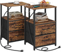 TUTOTAK End Table with Charging Station, Side Table with 2 USB Ports and Outlets, Nightstand with Cloth Drawer, Set of 2, Couch Table, Brown TB01BB052 | with Cloth Drawer