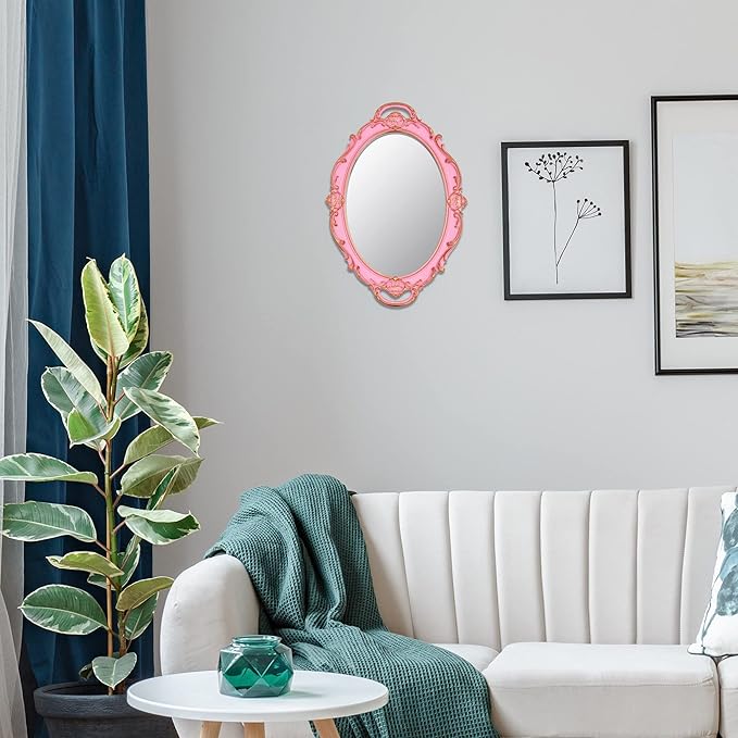 Vintage Small Mirror 14.5 x 10 inch Oval Pink Wall Mirror