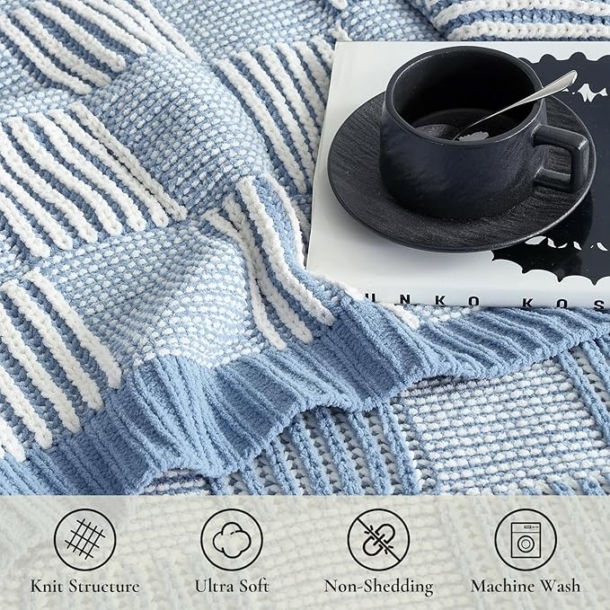 Amélie Home Checkered Knit Throw Blanket for Couch, Chenille Texture Decorative Soft Blanket for Sofa & Chair, 50"x60", Blue & White