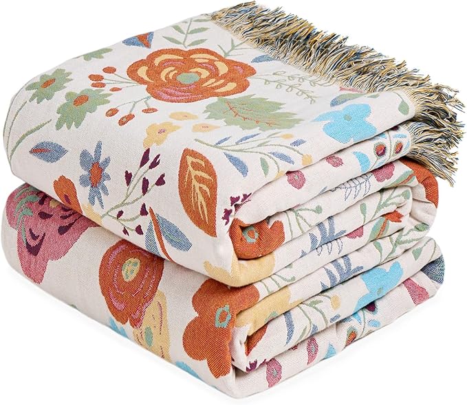 Boho Throw Blanket for Couch Sofa Chair Cotton Spring Blankets for Bedroom Living Room All Season Soft Lightweight Reversible Floral Embroidery Throws 50"x60" Bohemian Room Decor