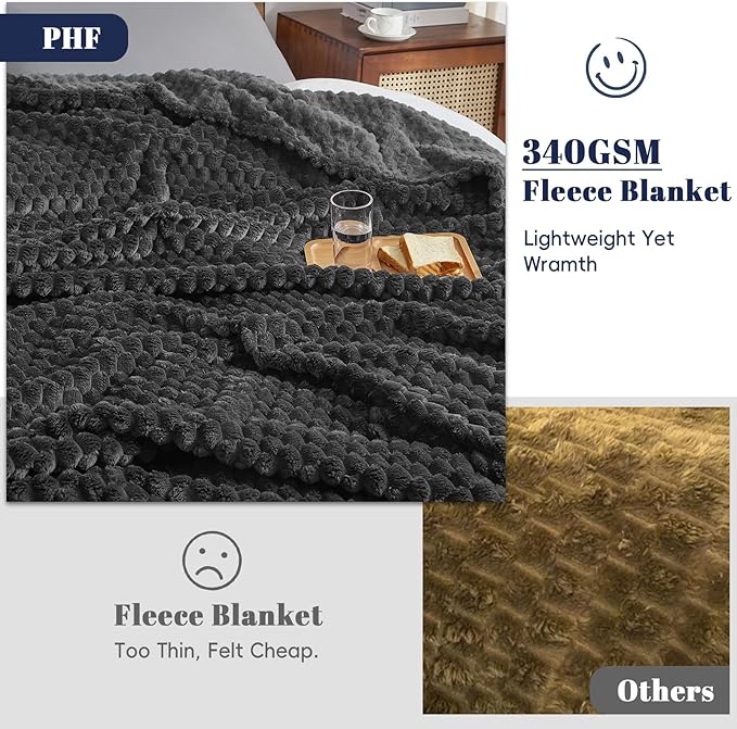 PHF Ultra Soft Flannel Fleece Blanket Twin Size, Lightweight 3D Jacquard Fleece Blanket, No Shedding, No Pilling, Luxury 340GSM Aesthetic Fluffy Cozy Bedding for Bed Room Decor, 66"x90",Dark Grey
