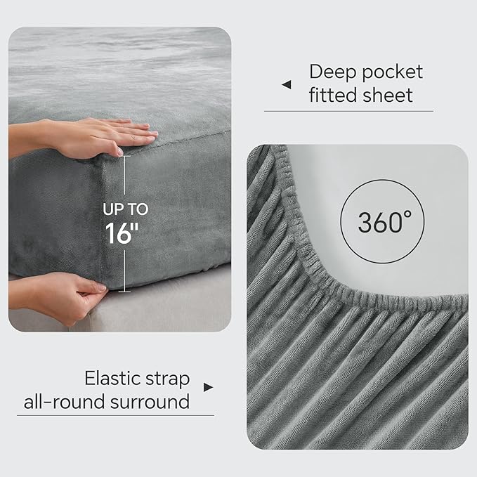 BEDELITE Flannel Sheets Twin Size Grey - Super Soft Fleece Sheets Set Fluffy Extra Plush, 3 Piece(Include Fitted Sheet, Flat Sheet, 1 Pillowcase)