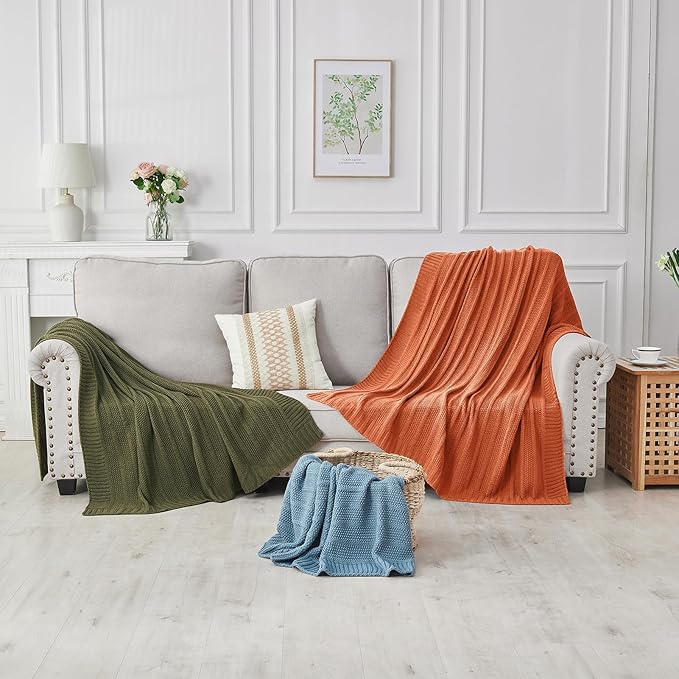 Douceur Rust Orange Throw Blanket for Bed, Soft Cozy Lightweight Stripe Pattern Knitted Throw Blanket for Sofa, Living Room Gift, 60"X80"