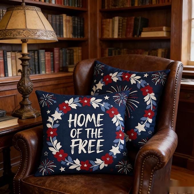Patriotic Throw Pillow Covers, Home of the Free Floral Design, Linen, 18x18 Inch, Set of 2, Farmhouse Style, Living Room Decor，July 4th Independence Day Pillowcase Series