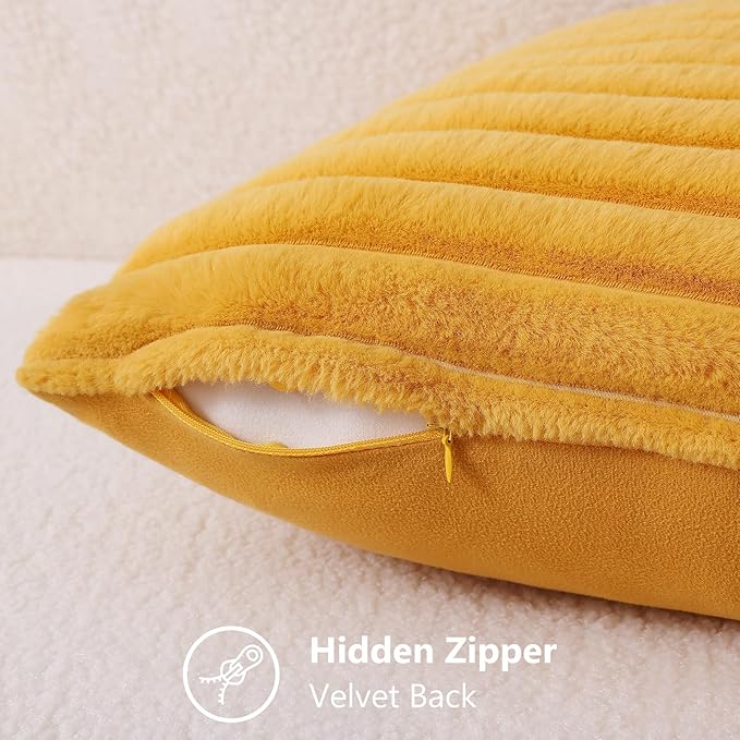 decorUhome Summer Cozy Faux Fur Throw Pillow Covers 22x22 Set of 2 Decorative Plush Striped Modern Farmhouse Boho Couch Euro Sham Pillow Cases with Velvet Back for Sofa Bed Living Room, Mustard Yellow