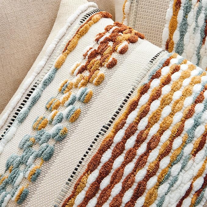 ANRODUO Pack of 1 Boho Decorative Throw Pillow Covers 18x18 Farmhouse Cushion Case Striped Chenille Pillow Cases Square Pillow Covers Accent Neutral Pillowcase for Sofa Couch Bed,Brown Stripe