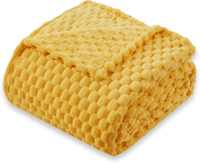 Super Soft Fleece King Size Blanket 90x102 Inches for Bed, Premium Silky with 3D Imitation Turtle Shell Jacquard Decorative Blankets, Lightweight and Cozy for Living Room.Yellow