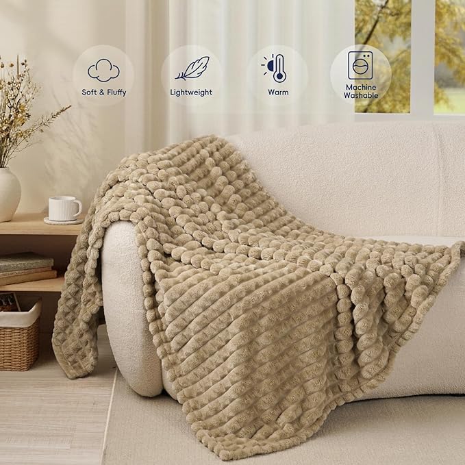 PHF Luxury Soft Fleece Throw XL Blanket, No Shed No Pilling, 380GSM Fluffy Cozy Throw Blankets for Couch Sofa, 50"x70", Lightweight Warm Bedding for Home Decor, Ideal Gift for Women, Khaki