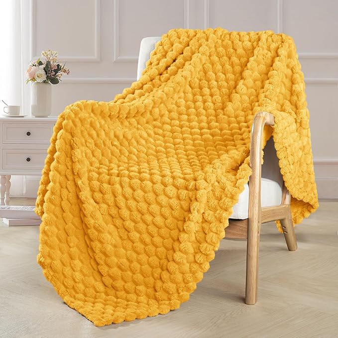 Exclusivo Mezcla Fleece Throw Blanket for Couch, Extra Large Fuzzy Mustard Yellow Bed Blankets, Soft Cozy Plush Sofa Throws for All Seasons, 50x60 Inches