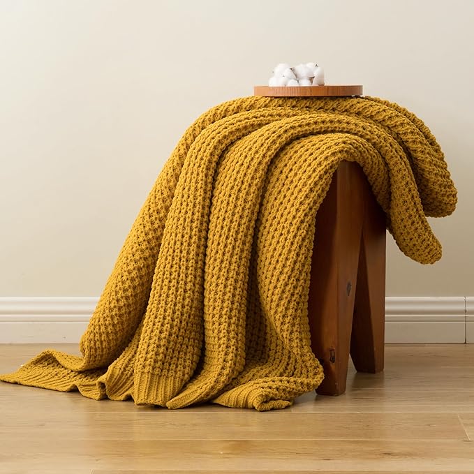 Bunnikins & Clover Knitted Waffle Throw Blanket 60x80 Inches, Mustard Yellow Throw Blanket for Couch, Soft Cozy Chenille Knit Blanket Warm Decorative Throw for Sofa