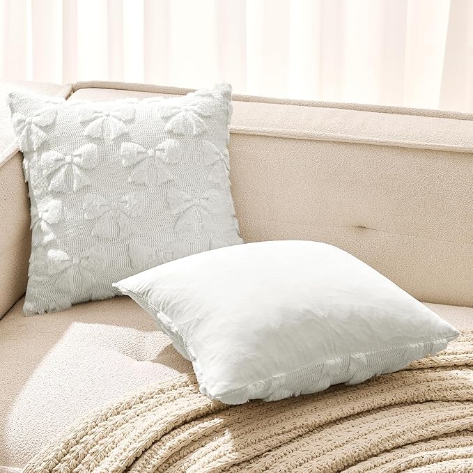 MIULEE Pure White Bow Pillow Covers Coquette Room Decor Aesthetic Set of 2 Spring Decorative Cute Girl Soft Plush Faux Pillowcase for Preppy Room Decor Bedroom Couch,20x20 Inch