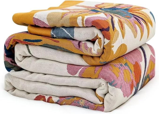 Boho Blanket for Bed 100% Cotton Bohemian Throw Blankets Ultra Soft Woven Muslin Decorative Blankets All Seasons Vintage Quilt Knitted Blanket for Sofa Chair (Colorful, 90"x98")