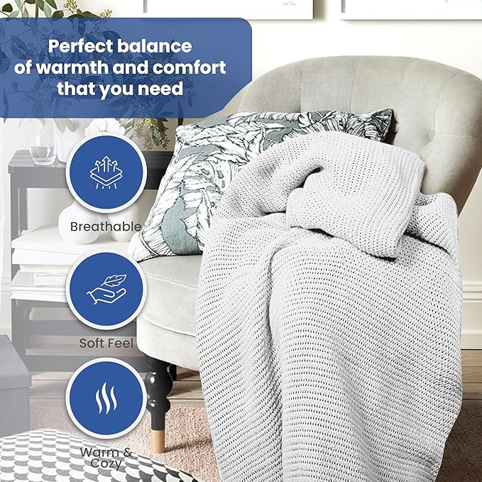 Linteum Textile Supply Leno Weave White Blanket, Twin 100% Cotton, Lightweight, Warm, Fluffy, Premium and Durable Soft & Cozy Bed Blanket for Home, Couch, Sofa & Dorm, All Season Throw [66x90]