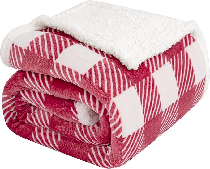 Touchat Sherpa Plaid Twin Blanket 60" X 70", Fuzzy Fluffy Soft Cozy Throw Blanket, Twin Size Plush Fleece Flannel Plush Microfiber Blanket for Couch Bed Sofa (RustRed)