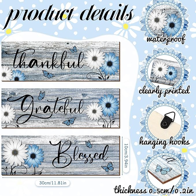 Geetery 3 Pcs Thankful Grateful Blessed Wooden Signs Rustic Daisy Wood Wall Decor Inspirational Wall Art Signs Rustic Wooden Hanging Decorations for Bedroom Kitchen Living Room Bathroom Home (Blue)