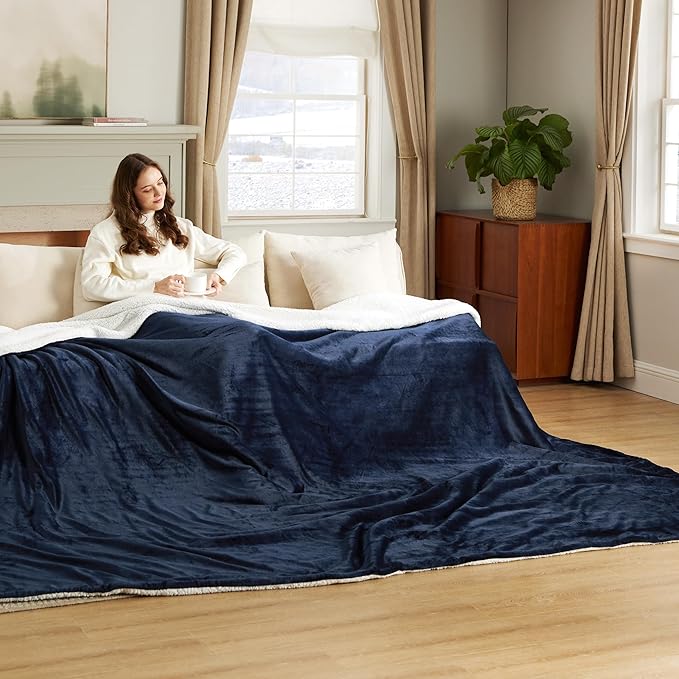 Bedsure GentleSoft Sherpa Fleece Cal King Blankets for Bed, Non-Heated, Thick and Warm Oversized Throw for Women and Men, Soft Fuzzy Plush Large Blanket for Winter, Navy, 112x98 Inches