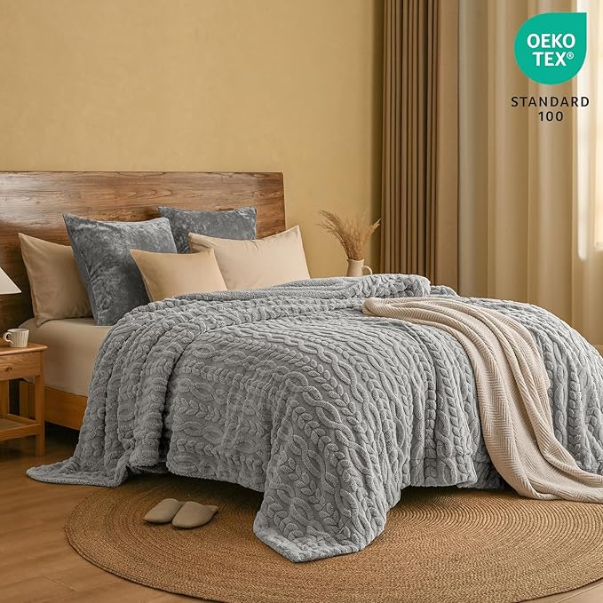 PHF Ultra Soft Sherpa Fleece Blanket King Size 108" x 90", 510GSM Fleece Lightweight Yet Warm Blanket for Winter Bed, No Shedding, No Pilling, Tufted Jacquard for Luxury Home Decor, Grey