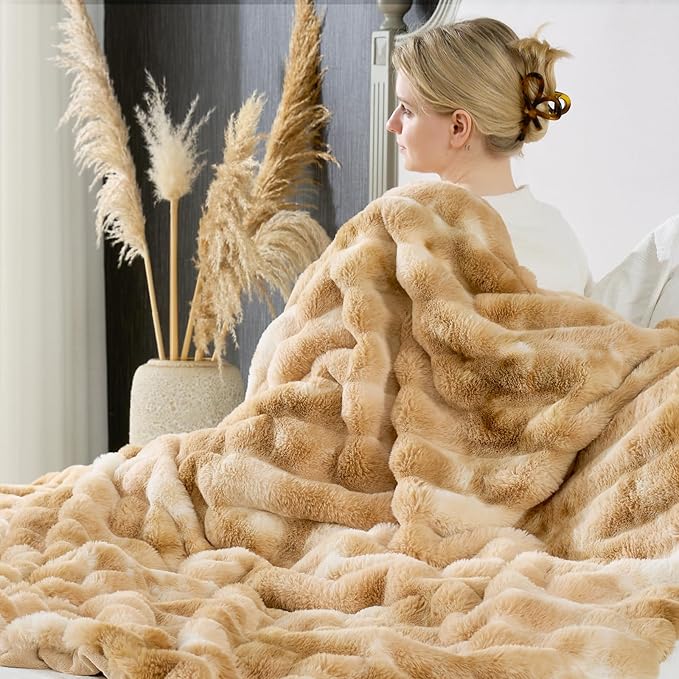 Cozy Bliss Deluxe Striped Rabbit Faux Fur Throw Blanket, Soft Fluffy Warm Plush Blanket for Winter, Modern Homr Decor, Tie-dye Khaki 60"x80"
