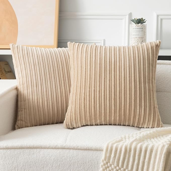 UGASA Velvet 20x20 Inch Soft Throw Pillow Covers Decorative Corduroy Striped Both Sides Solid Square Cushion Cases Boho Farmhouse for Couch Bedroom Sofa Home, Pack of 2, Beige