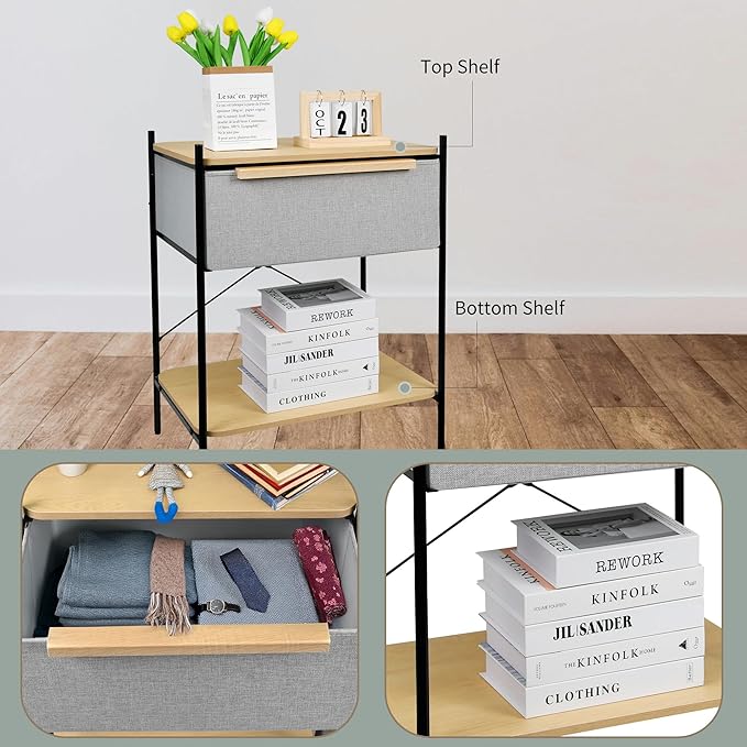 Modern Nightstand with 3-Tier Storage - Water-Resistant Shelves & Fabric Drawer, Sturdy Metal Frame Bedside Table for Bedroom, Dorm, Living Room, Light Gray