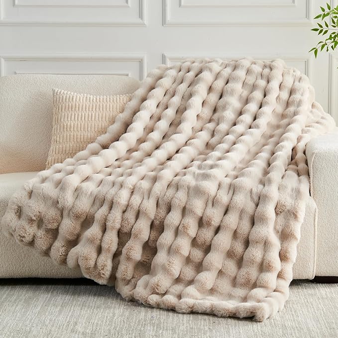 NEWCOSPLAY Faux Fur Throw Blanket Linen Luxury Fluffy Thick Warm Bubble Blanket for Couch Sofa Bed 1000GSM (Linen Bubble Thick, Throw(50"x60"))