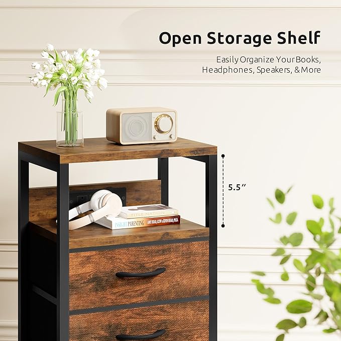 NightStand Bedside Charging Table Bedroom - Night Stand with Charger Station, Modern Nightstand with Open Shelf & 3 Fabric Drawers, Bed Side Table USB-C Port for Dorm Living Room