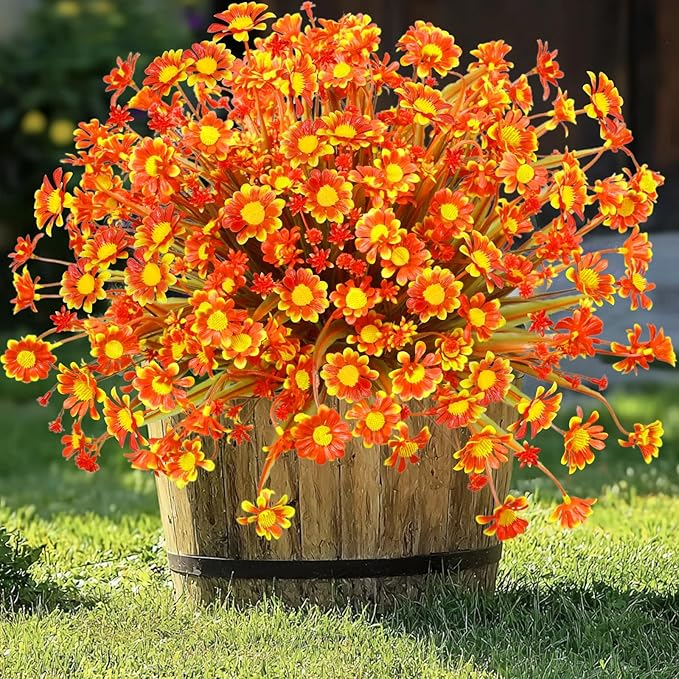 8 Bundles Artificial Daisy Flowers for Outdoors Spring Decor, UV Resistant Faux Cemetery Flowers Plastic Greenery Shrub Fake Flowers Plants Home Gardens Porch Planter Indoor Summer Fall Decor(Orange)