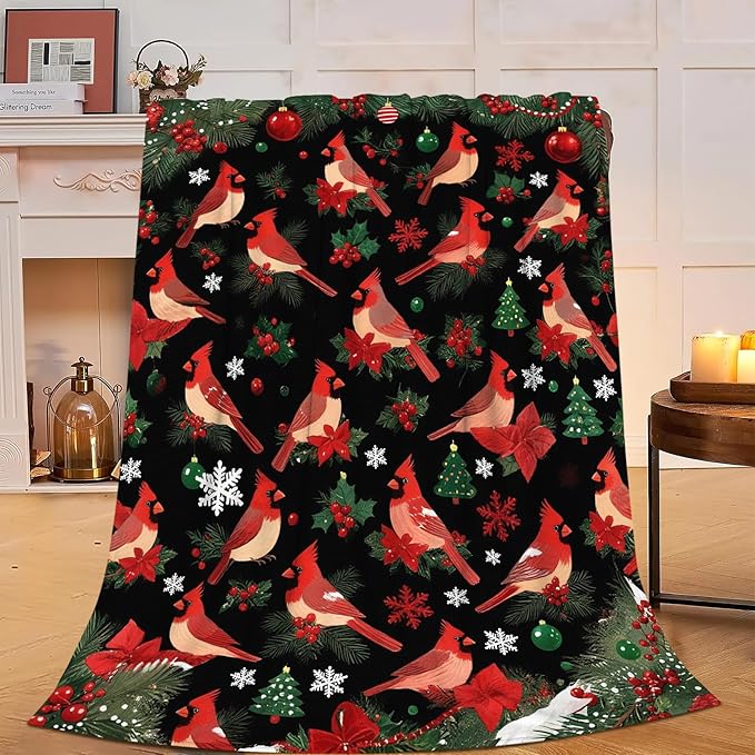 Red Cardinal Throw Blanket - Soft Plush Fleece Winter Birds Bedding Blankets- Cozy Cardinal Stuff Gifts for Women Girls Kids Adults 50"X60"