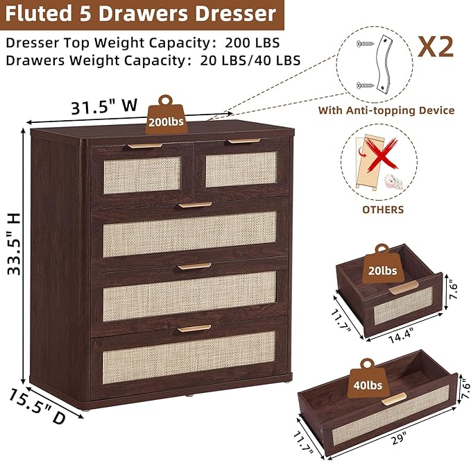 LEYAOYAO Rattan Dresser for Bedroom, 33.5" Tall Chest of Drawers, Modern 5 Drawers Boho Dressers with Storage, Vintage Brown Dresser Wooden Closet Organizer for Living Room, Hallway